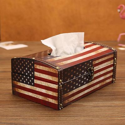 Boîte classique de serviette de tissu de couvercle de boîte de support de cru de style en bois de drapeau américain pour le bureau